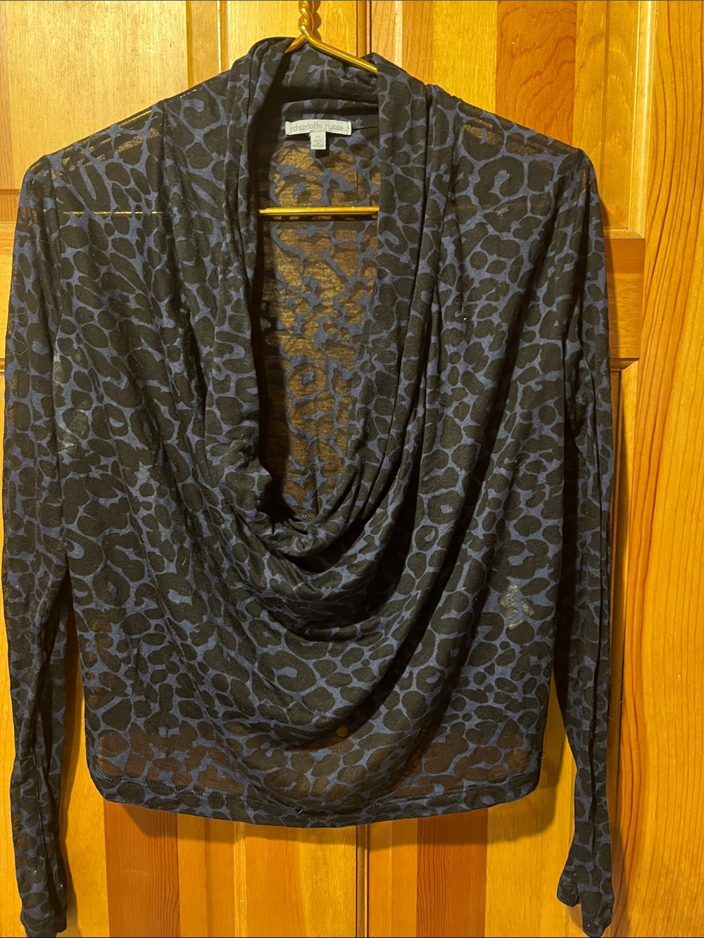 Charlotte Russe Sheer Leopard Print Cowl Neck Top - Black & Navy sheer